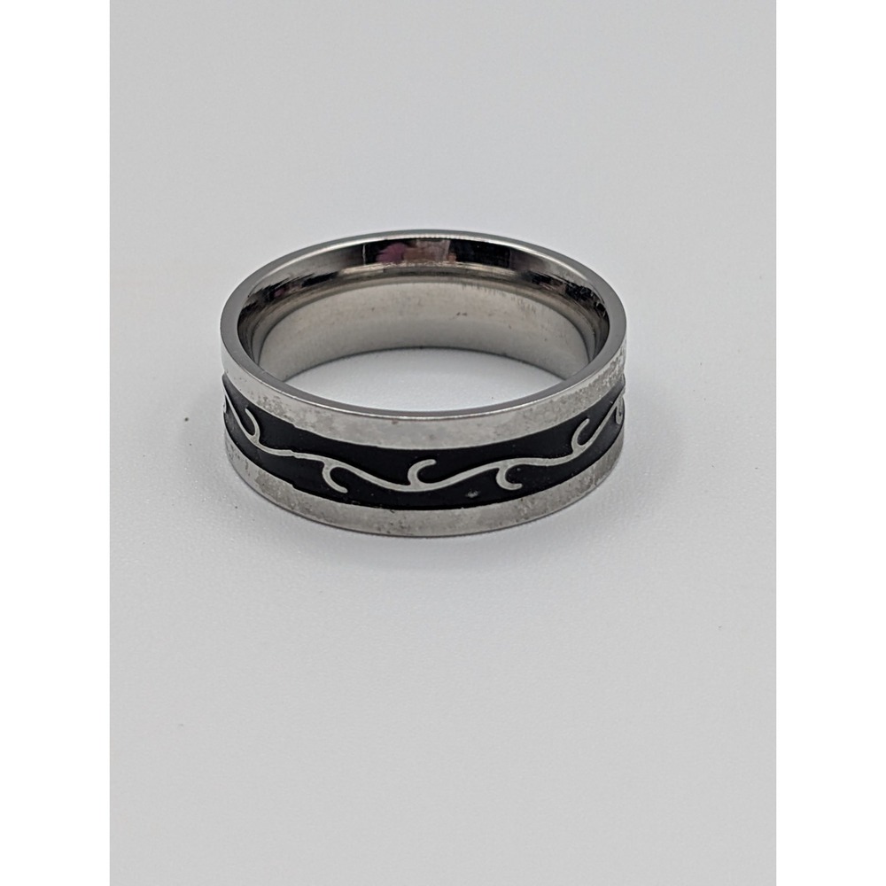 Size 9 Silver Tone Black Wave Inlay Band Ring Unisex Fashion Jewelry